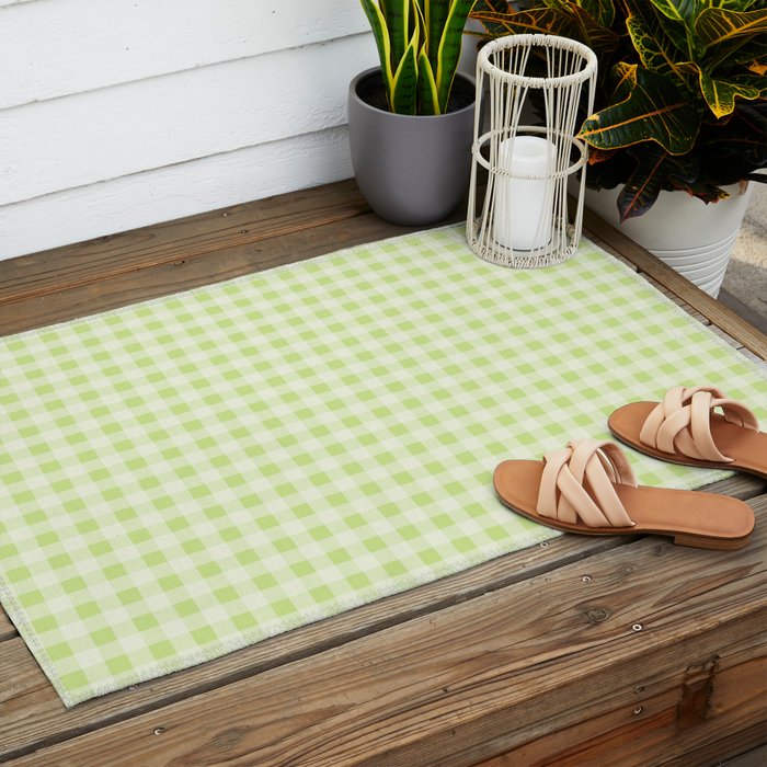 Gingham Check Pattern in Light Lime Green and White Outdoor Rug Gallery Image 2