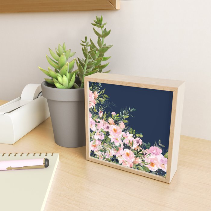 Boho, Floral Watercolor, Roses, Navy Blue and Pink Mini Art Print Gallery Image 2