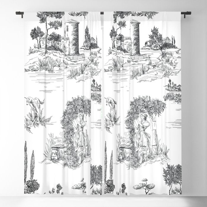 Toile de Jouy Vintage French Romantic Pastoral Black & White Window Curtain Gallery Image 1