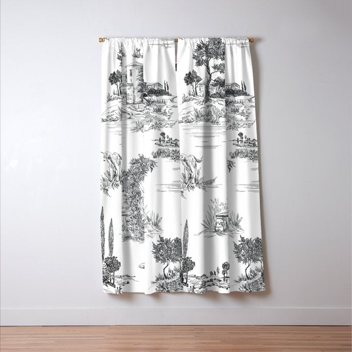 Toile de Jouy Vintage French Romantic Pastoral Black & White Window Curtain Gallery Image 3