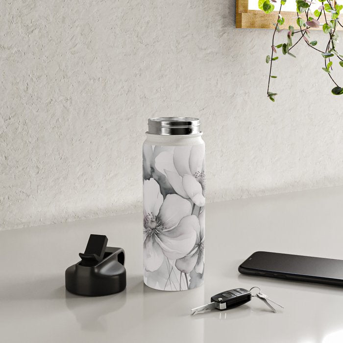 Delicate Monochrome Greyscale Flower Serenity  Water Bottle Gallery Image 4