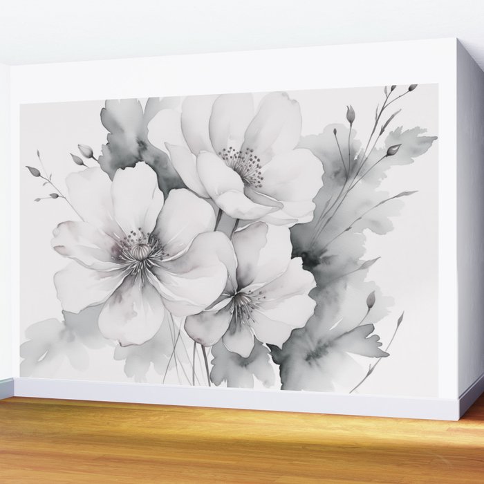 Delicate Monochrome Greyscale Flower Serenity  Wall Mural Gallery Image 2
