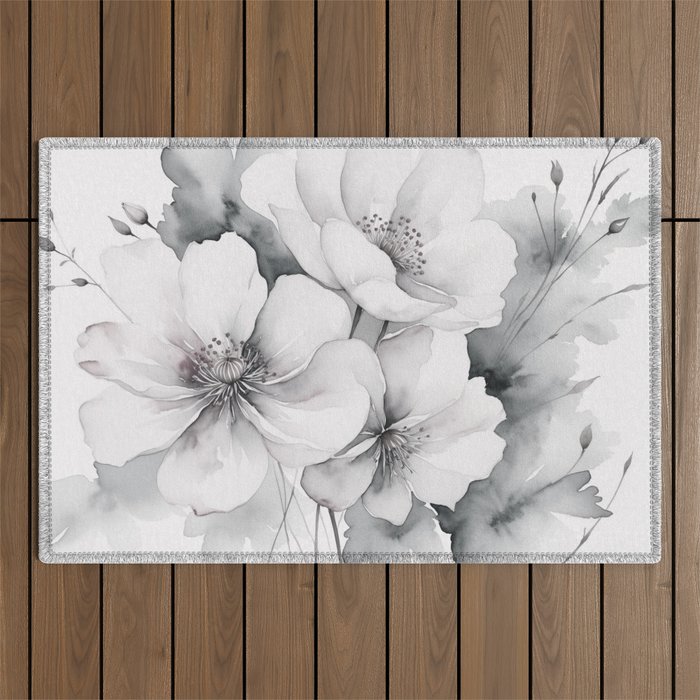Delicate Monochrome Greyscale Flower Serenity  Outdoor Rug Gallery Image 1