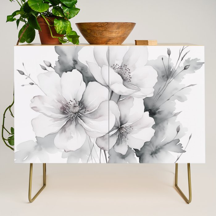Delicate Monochrome Greyscale Flower Serenity  Credenza Gallery Image 1