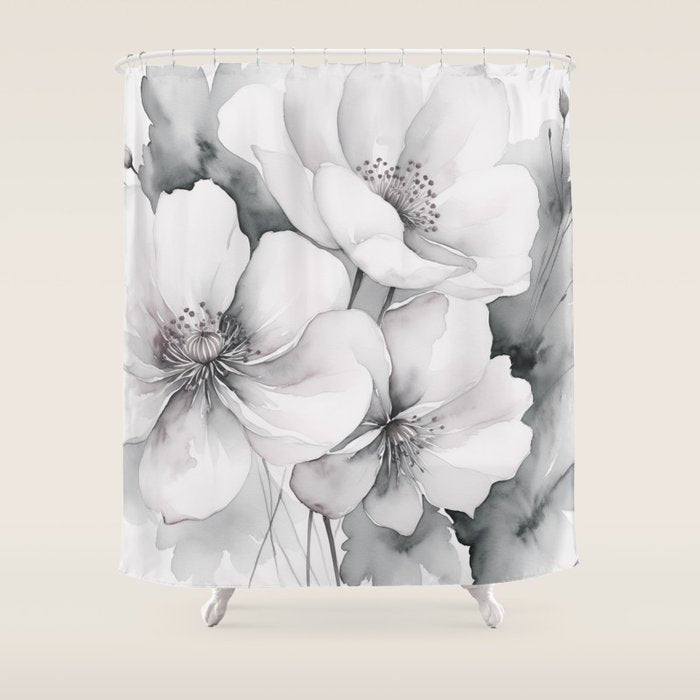 Delicate Monochrome Greyscale Flower Serenity  Shower Curtain Gallery Image 1