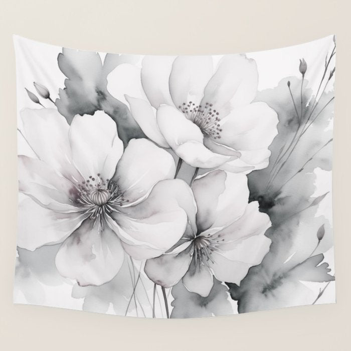 Delicate Monochrome Greyscale Flower Serenity  Wall Tapestry Gallery Image 4