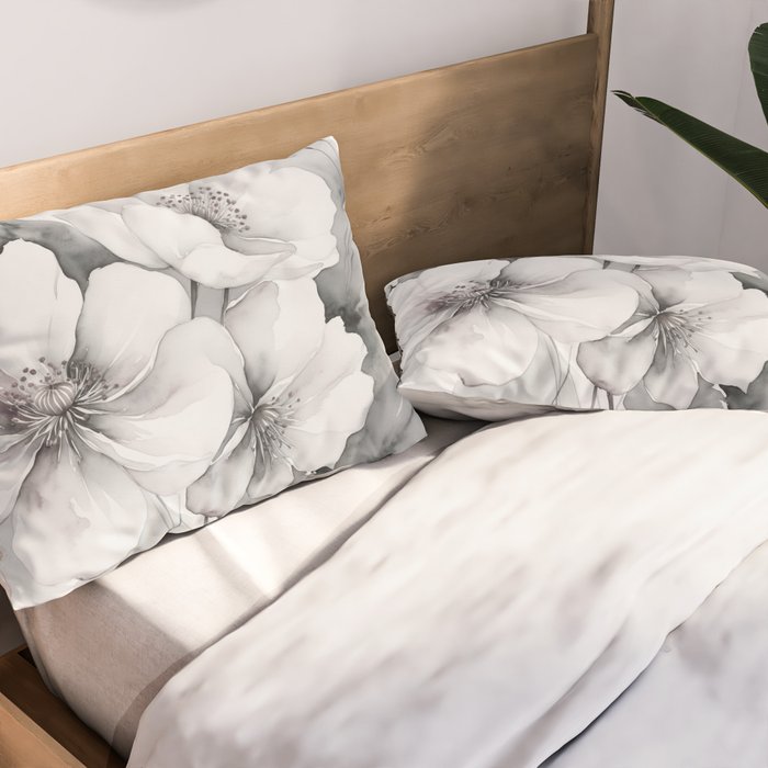 Delicate Monochrome Greyscale Flower Serenity  Pillow Sham Gallery Image 2