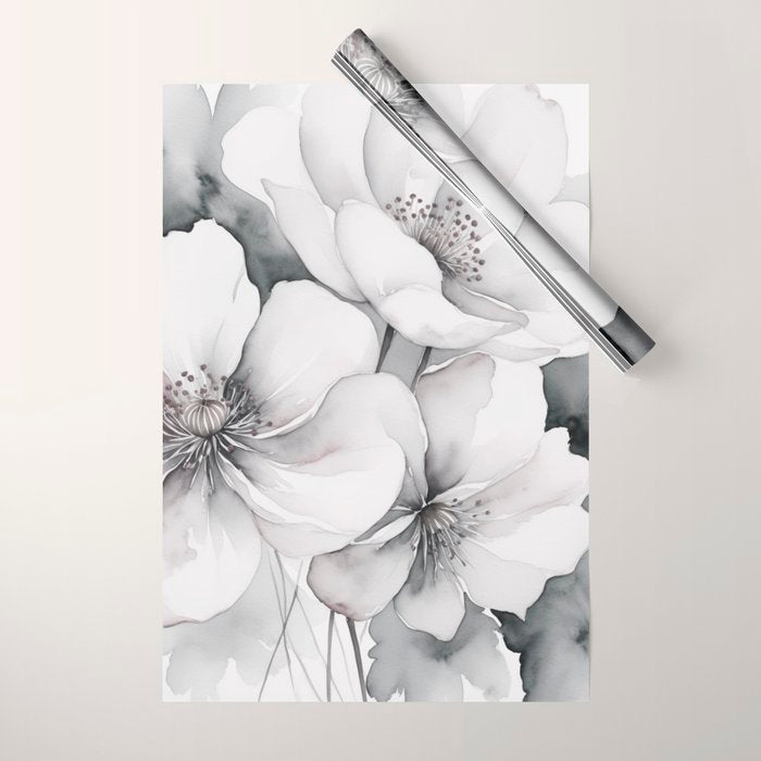 Delicate Monochrome Greyscale Flower Serenity  Wrapping Paper Gallery Image 1