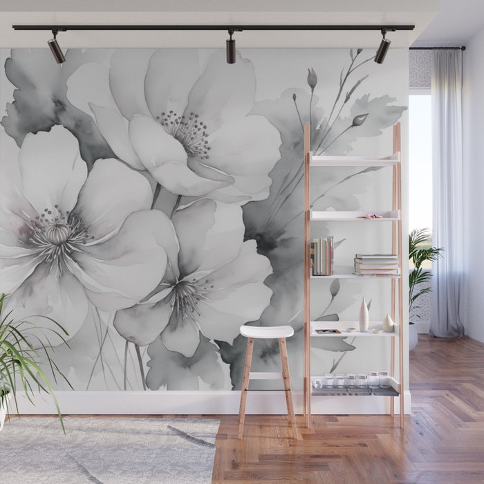 Delicate Monochrome Greyscale Flower Serenity  Wall Mural Gallery Image 1