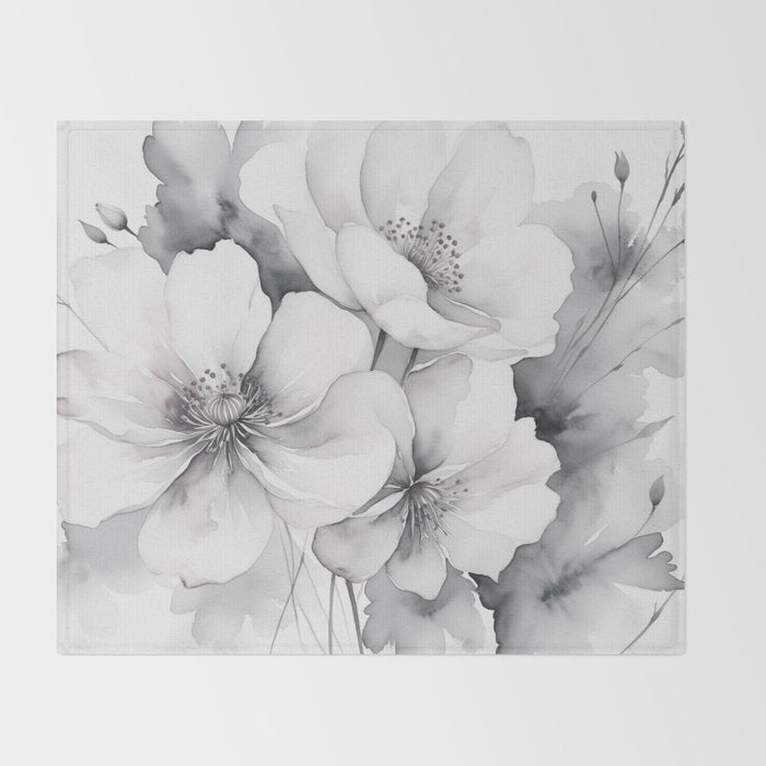 Delicate Monochrome Greyscale Flower Serenity  Throw Blanket Gallery Image 2