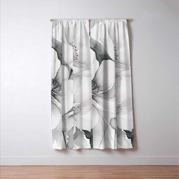 Delicate Monochrome Greyscale Flower Serenity  Window Curtain Gallery Image 3