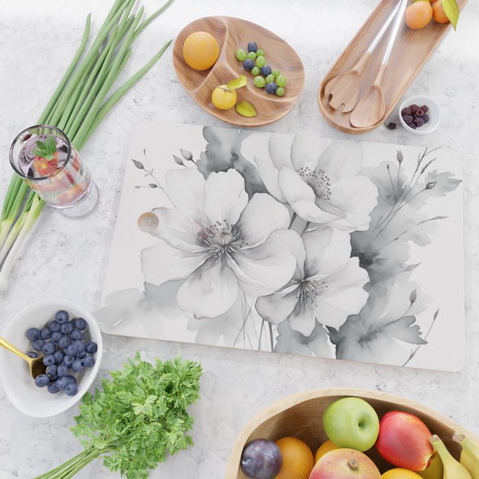 Delicate Monochrome Greyscale Flower Serenity  Cutting Board Gallery Image 2