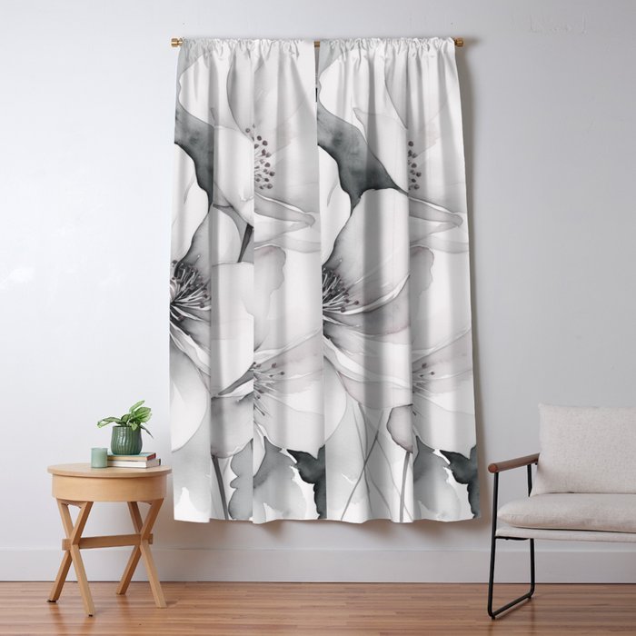 Delicate Monochrome Greyscale Flower Serenity  Window Curtain Gallery Image 5