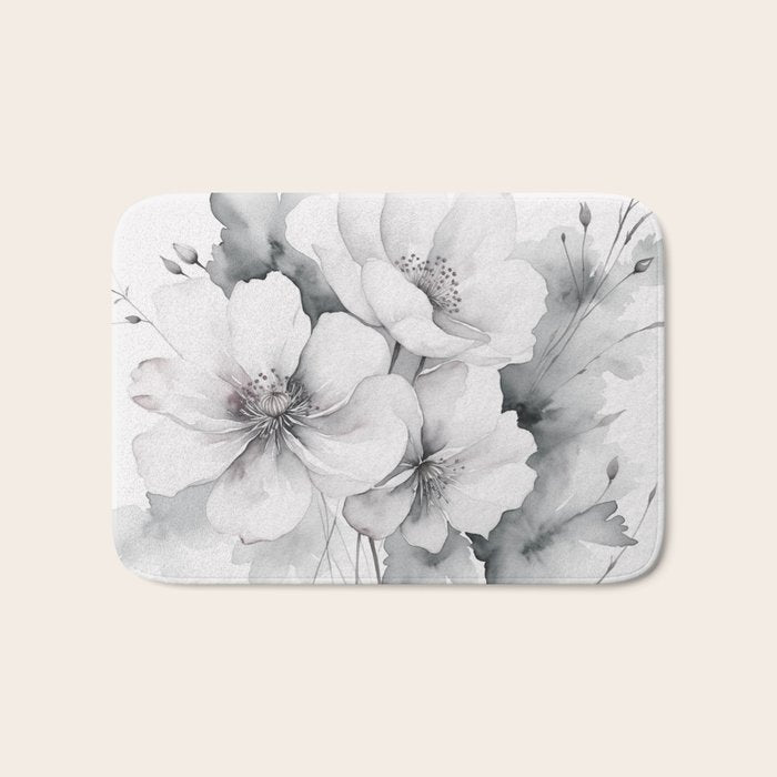 Delicate Monochrome Greyscale Flower Serenity  Bath Mat Gallery Image 1