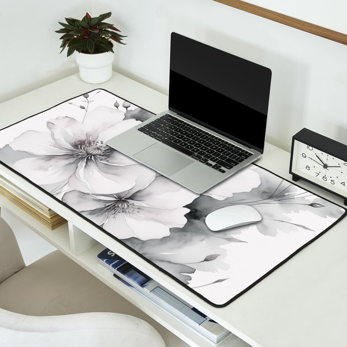 Delicate Monochrome Greyscale Flower Serenity  Desk Mat Gallery Image 2