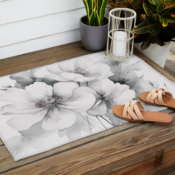 Delicate Monochrome Greyscale Flower Serenity  Outdoor Rug Gallery Image 2