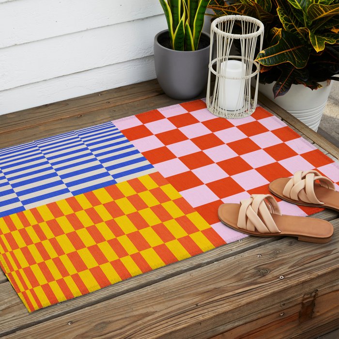 Retro Checkerboard Collage 03 Outdoor Rug Gallery Image 2