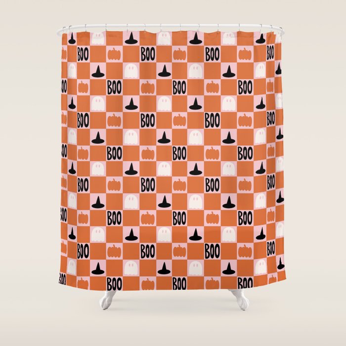 Halloween Checkered Print in Pink Shower Curtain Gallery Image 1