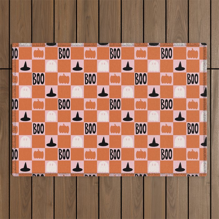 Halloween Checkered Print in Pink Outdoor Rug Gallery Image 1