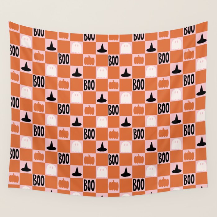 Halloween Checkered Print in Pink Wall Tapestry Gallery Image 4