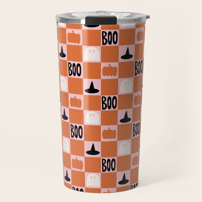 Halloween Checkered Print in Pink Travel Mug Gallery Image 1