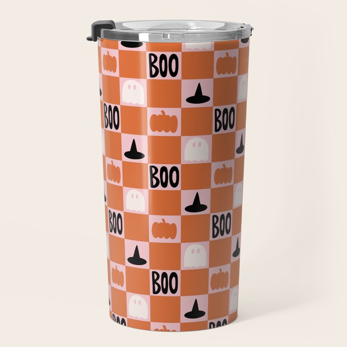 Halloween Checkered Print in Pink Travel Mug Gallery Image 3