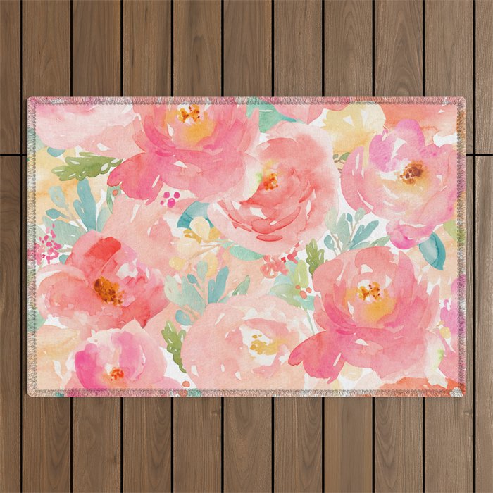 Preppy Pink Peonies Outdoor Rug Gallery Image 1