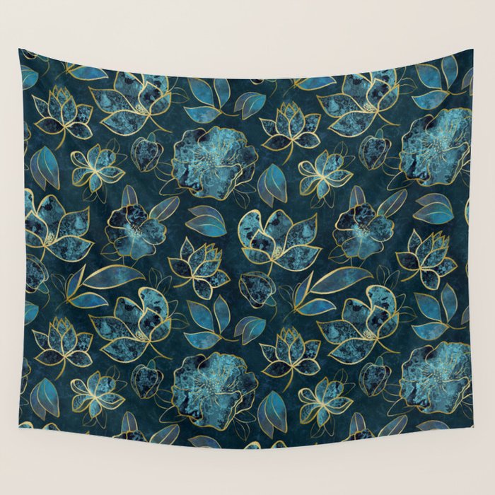Elegant And Fancy Fantasy Flower Pattern In Turquoise And Gold Wall Tapestry Gallery Image 1