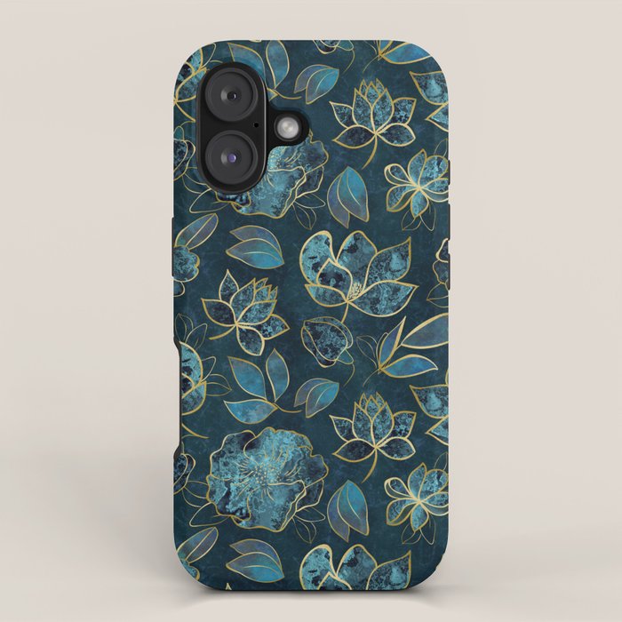 Elegant And Fancy Fantasy Flower Pattern In Turquoise And Gold iPhone Case Gallery Image 1