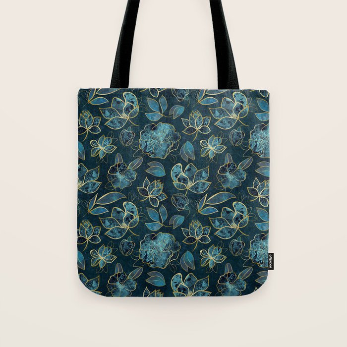Elegant And Fancy Fantasy Flower Pattern In Turquoise And Gold Tote Bag Gallery Image 1