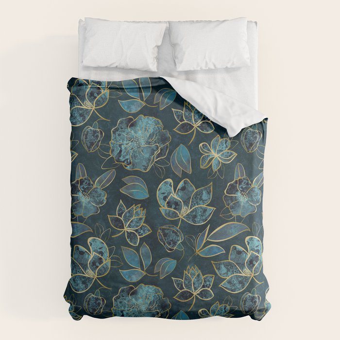 Elegant And Fancy Fantasy Flower Pattern In Turquoise And Gold Duvet Cover Gallery Image 1