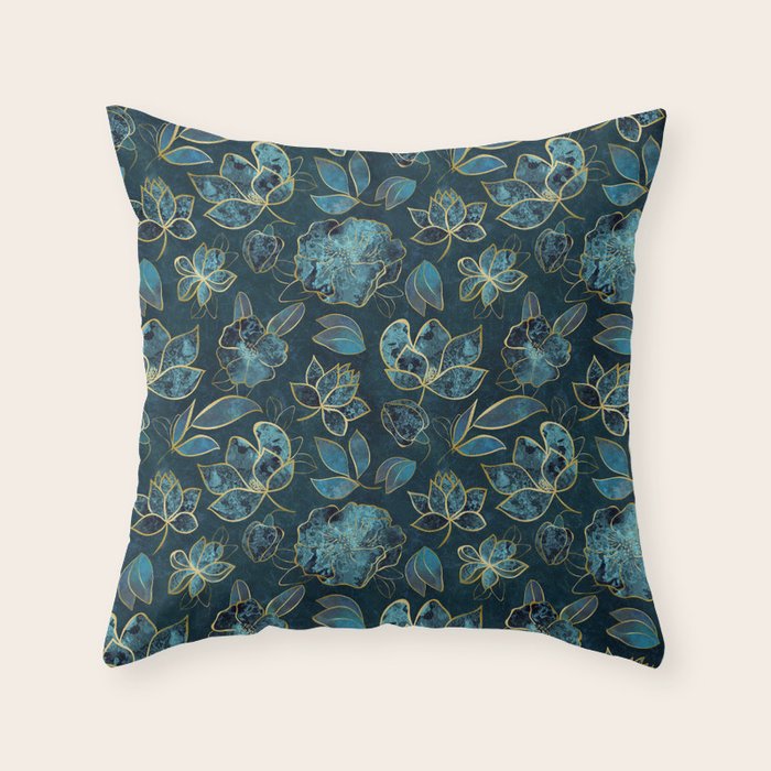 Elegant And Fancy Fantasy Flower Pattern In Turquoise And Gold Throw Pillow Gallery Image 6