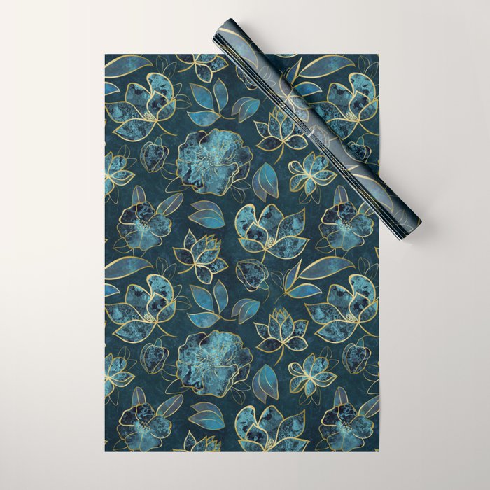 Elegant And Fancy Fantasy Flower Pattern In Turquoise And Gold Wrapping Paper Gallery Image 1