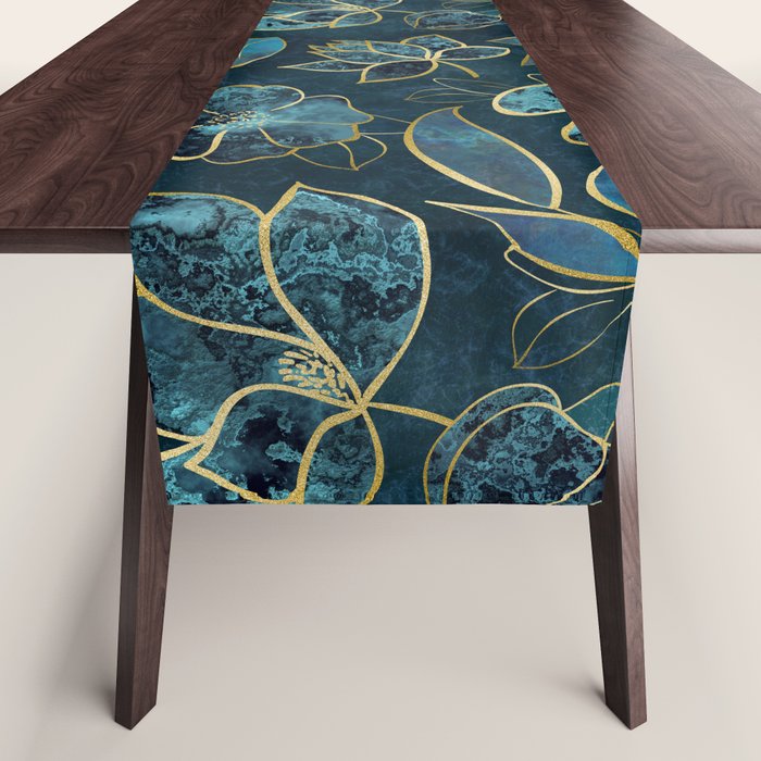 Elegant And Fancy Fantasy Flower Pattern In Turquoise And Gold Table Runner Gallery Image 1