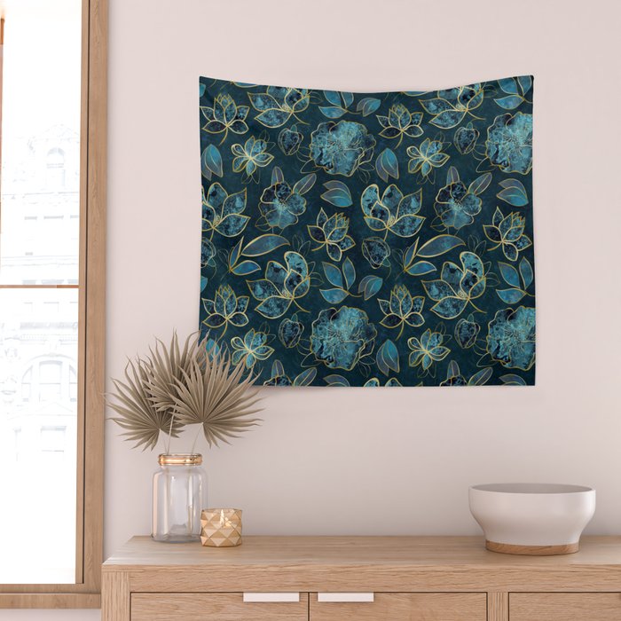 Elegant And Fancy Fantasy Flower Pattern In Turquoise And Gold Wall Tapestry Gallery Image 2
