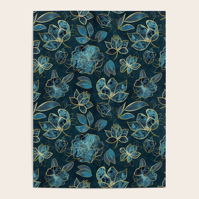 Elegant And Fancy Fantasy Flower Pattern In Turquoise And Gold Poster Gallery Image 1