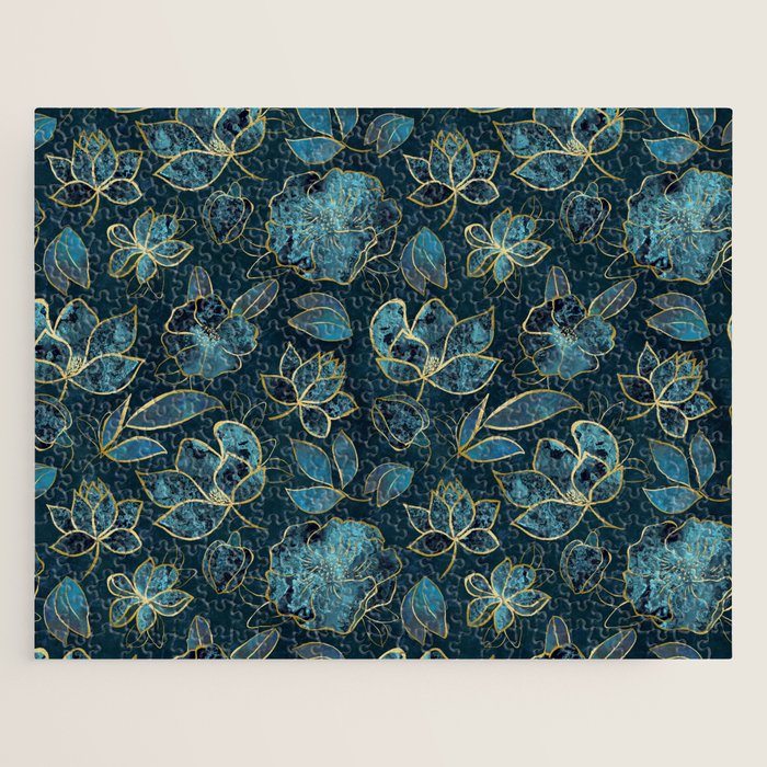 Elegant And Fancy Fantasy Flower Pattern In Turquoise And Gold Jigsaw Puzzle Gallery Image 1