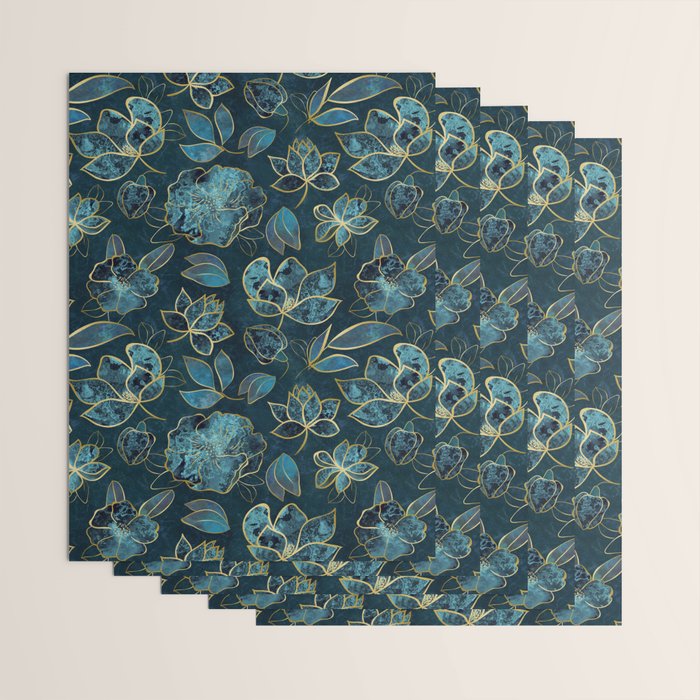 Elegant And Fancy Fantasy Flower Pattern In Turquoise And Gold Wrapping Paper Gallery Image 3