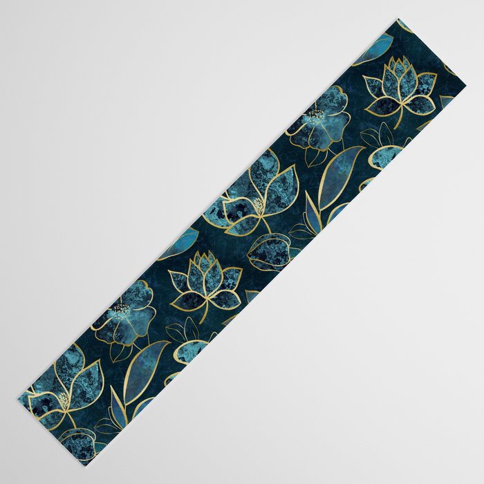 Elegant And Fancy Fantasy Flower Pattern In Turquoise And Gold Table Runner Gallery Image 3