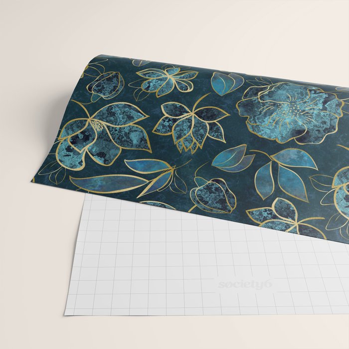 Elegant And Fancy Fantasy Flower Pattern In Turquoise And Gold Wrapping Paper Gallery Image 2