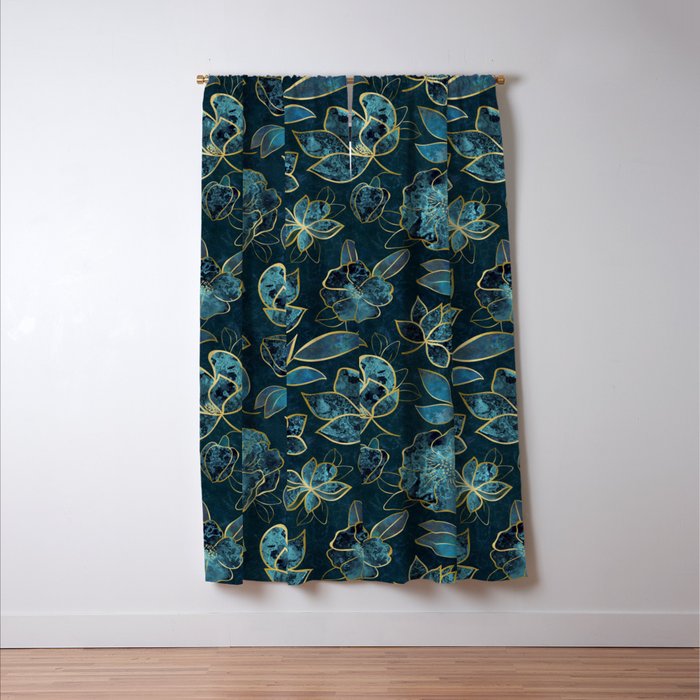 Elegant And Fancy Fantasy Flower Pattern In Turquoise And Gold Window Curtain Gallery Image 3
