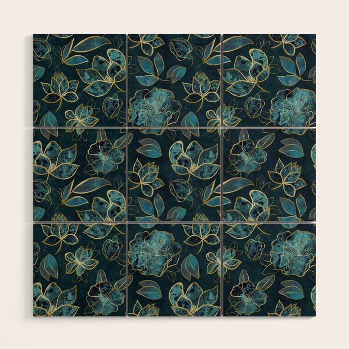 Elegant And Fancy Fantasy Flower Pattern In Turquoise And Gold Wood Wall Art Gallery Image 1