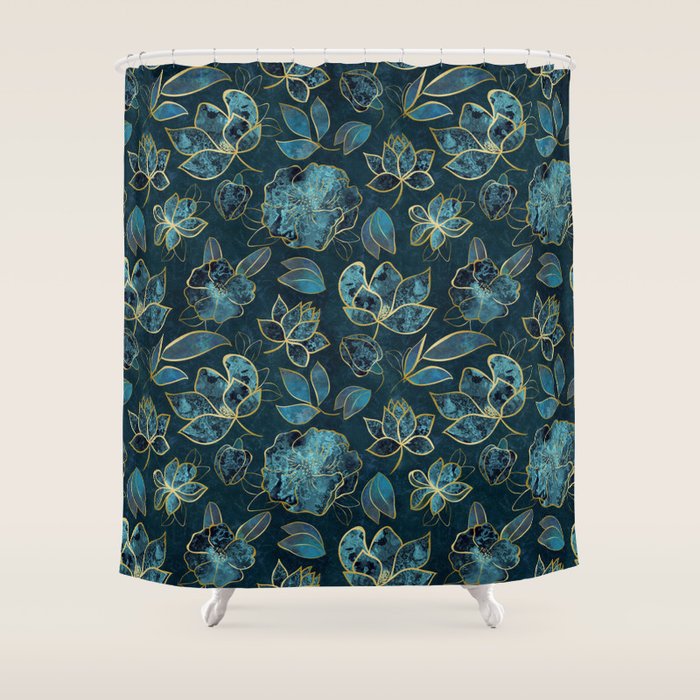 Elegant And Fancy Fantasy Flower Pattern In Turquoise And Gold Shower Curtain Gallery Image 1