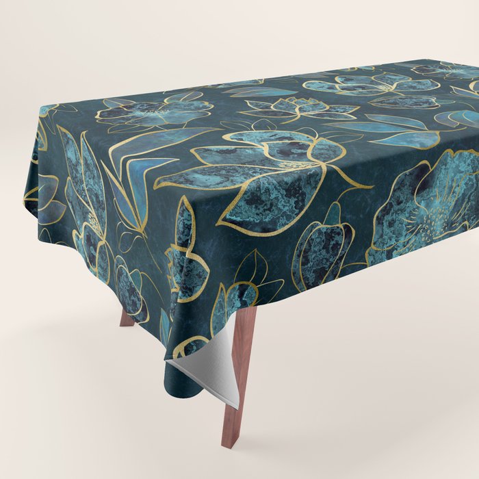Elegant And Fancy Fantasy Flower Pattern In Turquoise And Gold Tablecloth Gallery Image 1