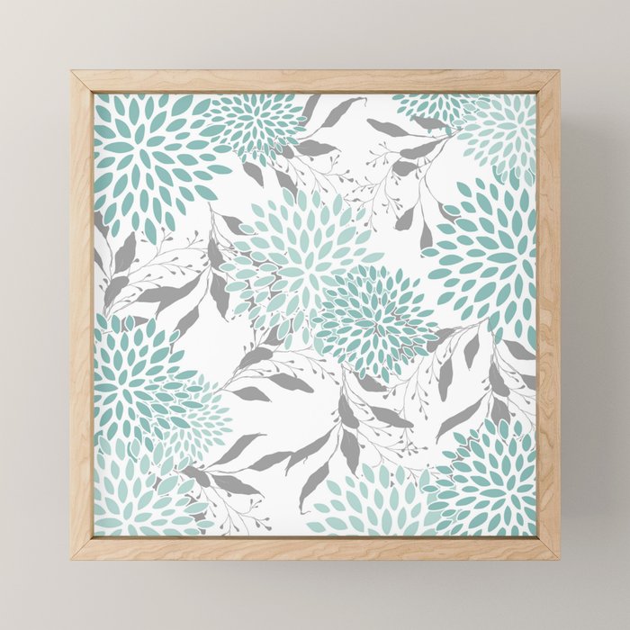 Festive, Floral Blooms and Leaves, Teal and Gray Mini Art Print Gallery Image 1