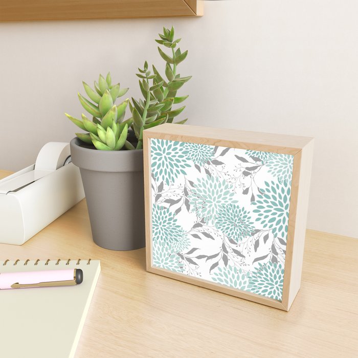 Festive, Floral Blooms and Leaves, Teal and Gray Mini Art Print Gallery Image 2