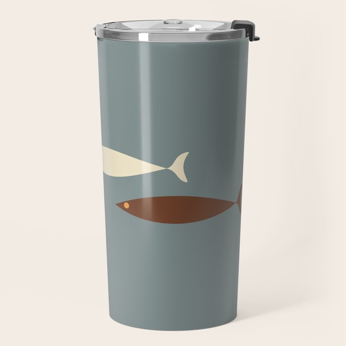 Fish Trio - Minimalist Mid-Century Slate Blue Orange Brown Cream Travel Mug Gallery Image 2
