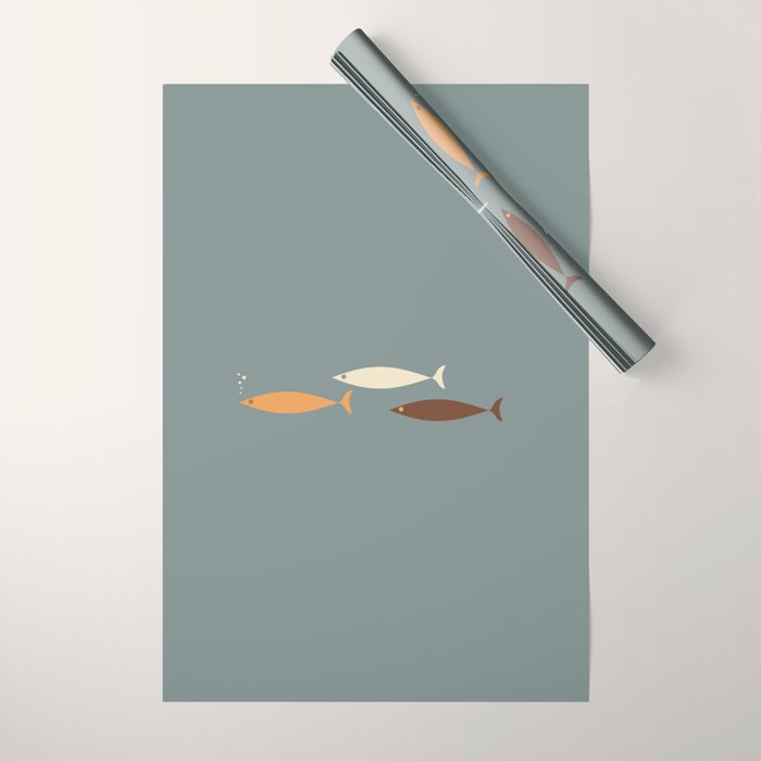 Fish Trio - Minimalist Mid-Century Slate Blue Orange Brown Cream Wrapping Paper Gallery Image 1