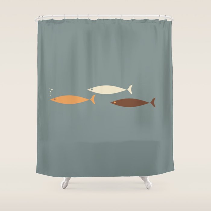 Fish Trio - Minimalist Mid-Century Slate Blue Orange Brown Cream Shower Curtain Gallery Image 1