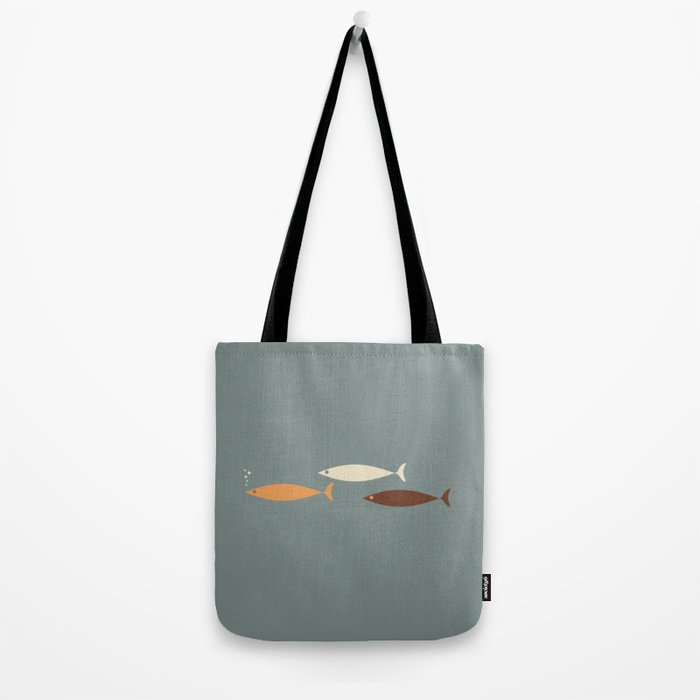 Fish Trio - Minimalist Mid-Century Slate Blue Orange Brown Cream Tote Bag Gallery Image 2